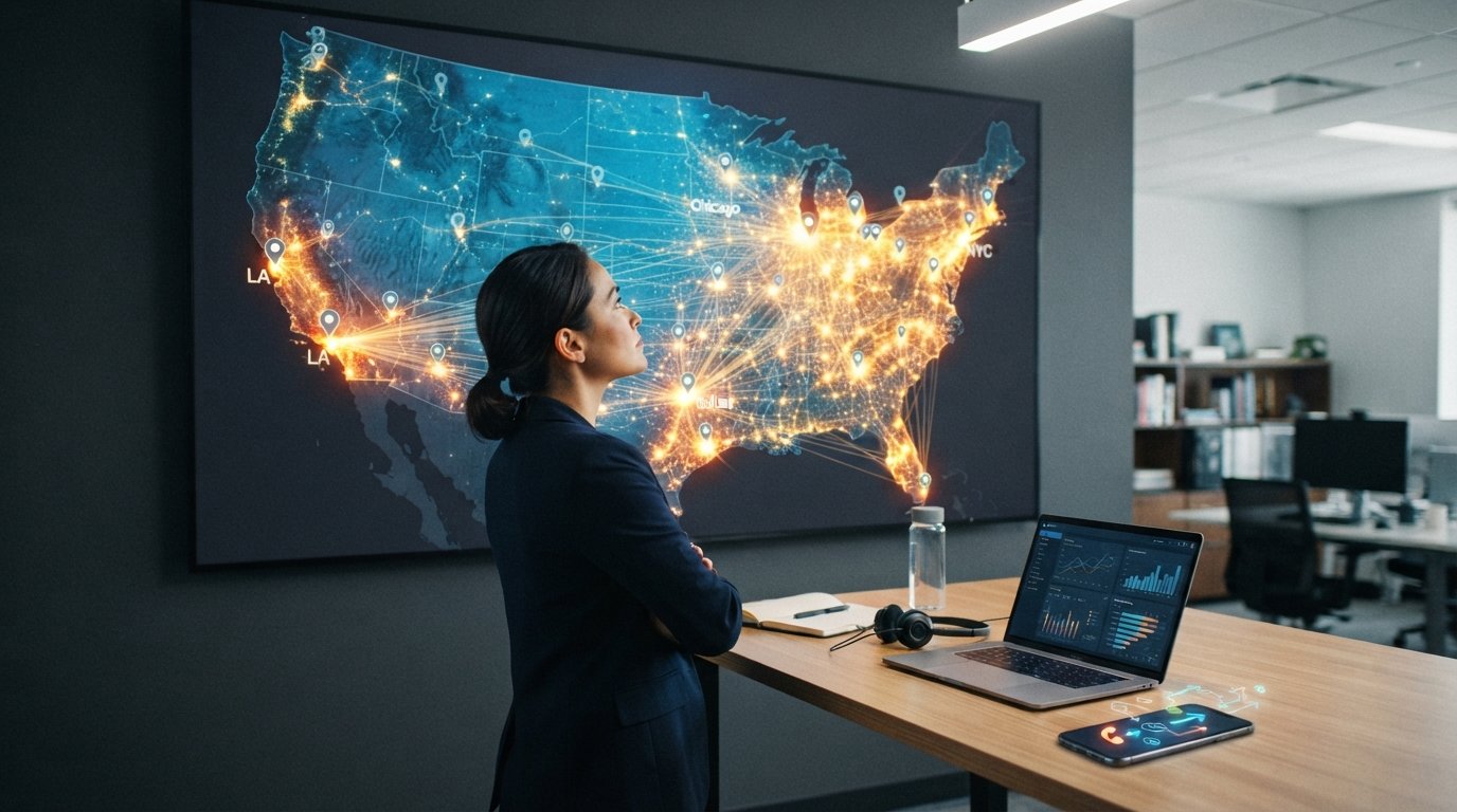 Marketing analyst in a dark blazer studies a large wall screen showing a color-coded US map with amber urban zones, blue…