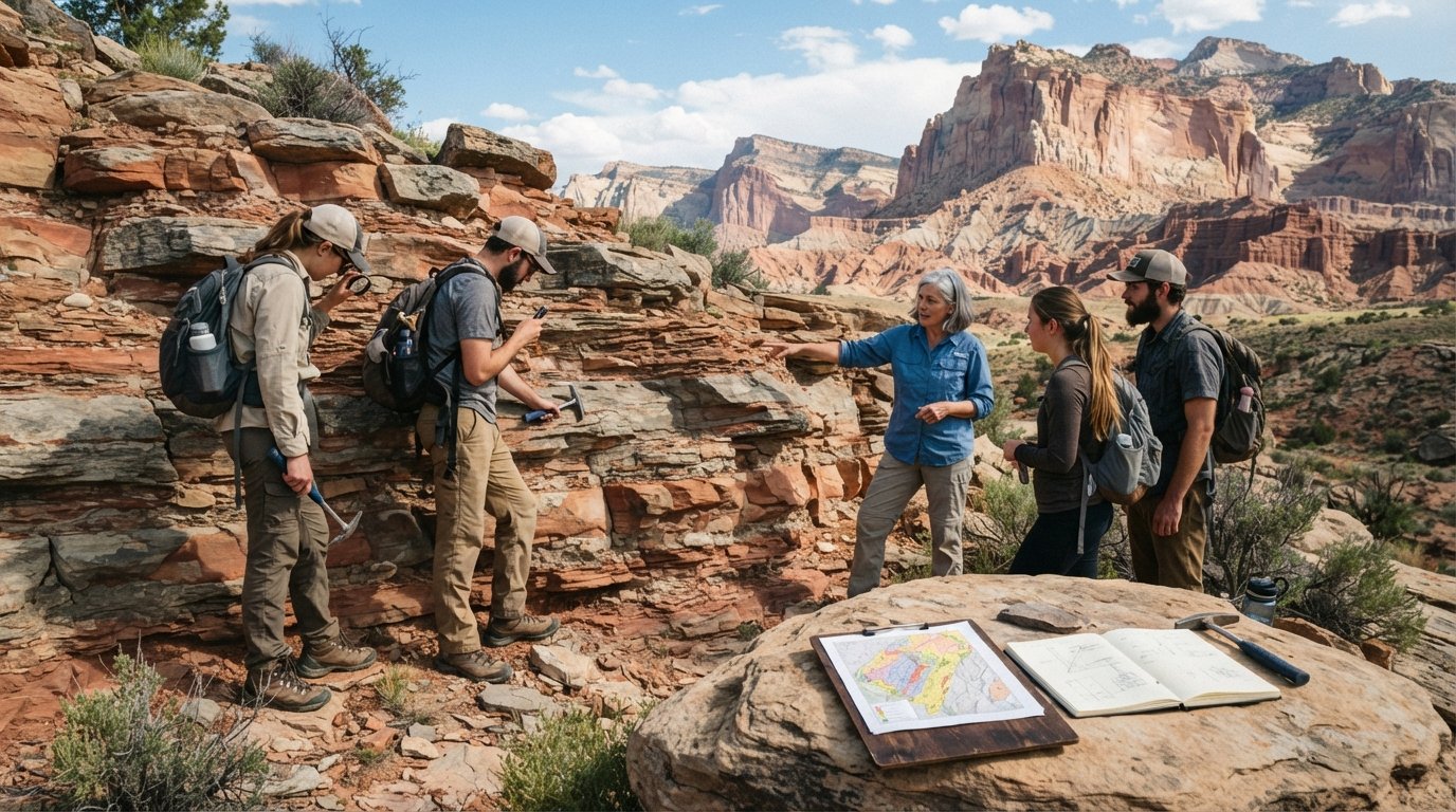 College students in field gear use hand lenses and rock hammers on layered sedimentary rock at a Utah canyon outcrop while…