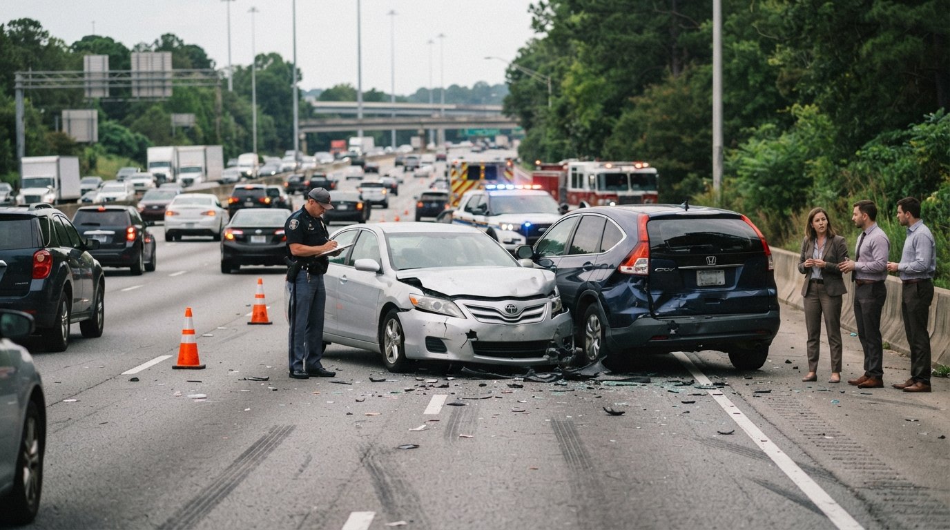 Damaged silver sedan and dark blue SUV after a multi-vehicle crash on an interstate, with debris, traffic cones, and a…