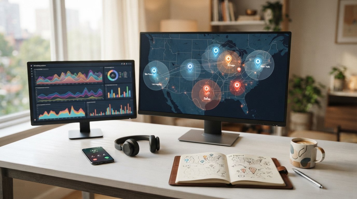 Desk with a monitor showing a US map with glowing location pins and radius circles, plus a smaller screen with call routing…