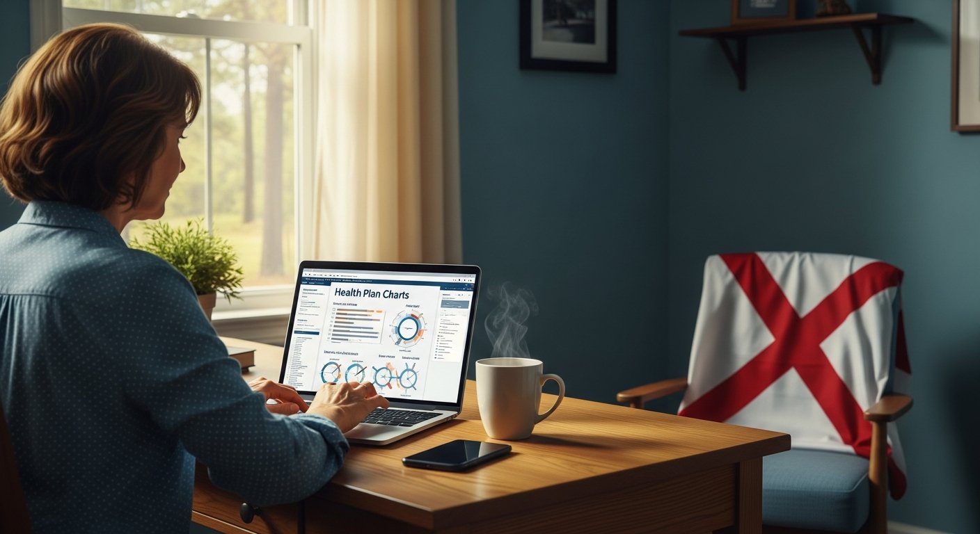 Woman in casual blouse studying health plan charts on laptop at wooden desk, coffee mug, Alabama flag draped on chair,…