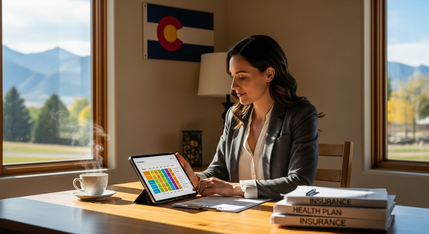 Woman in blazer sitting at wooden desk in sunlit home office, viewing health plan options on tablet with Rocky Mountains…