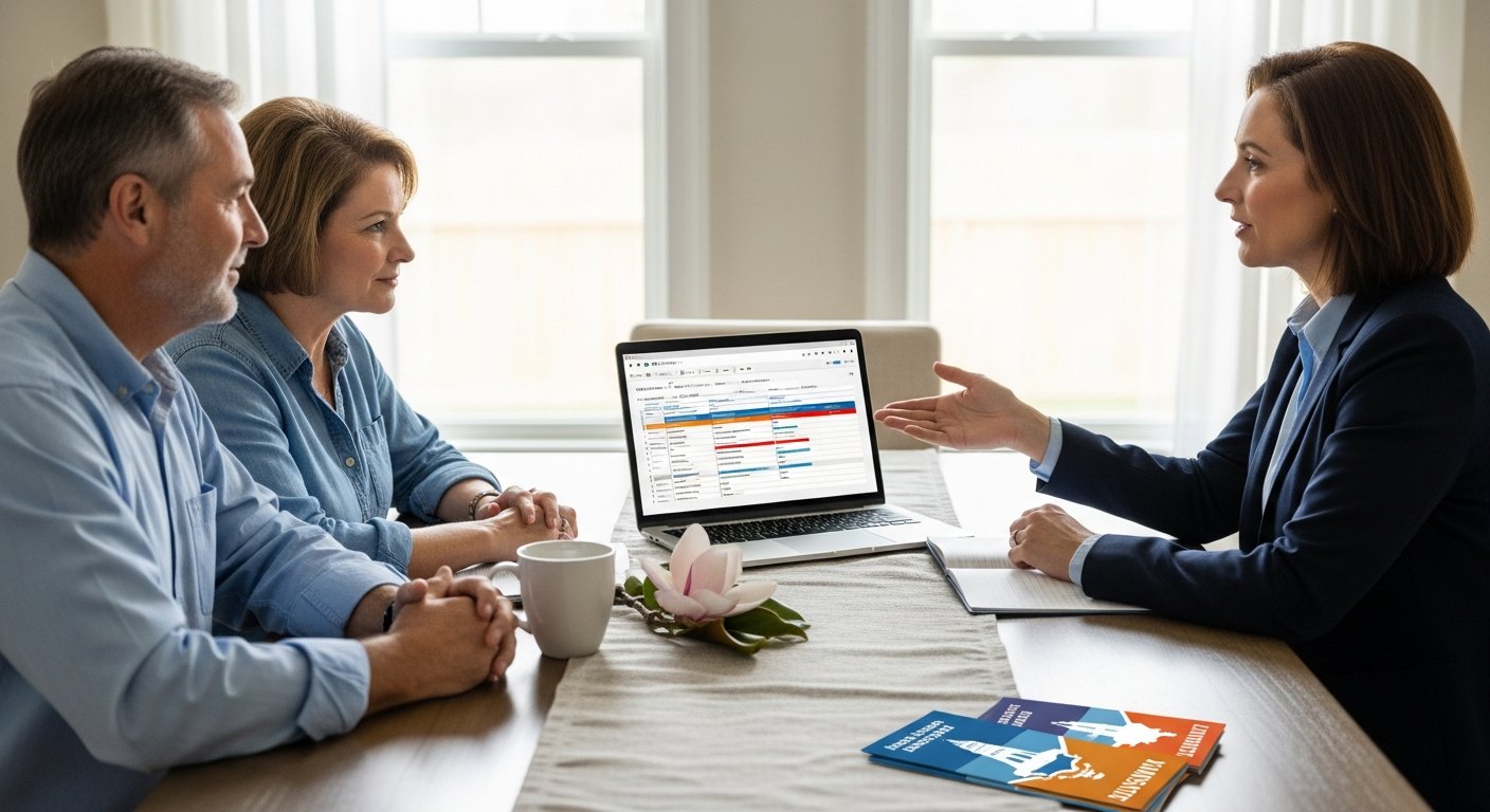 Middle-aged couple and an insurance agent seated at a kitchen table, looking at a laptop screen showing a side-by-side…