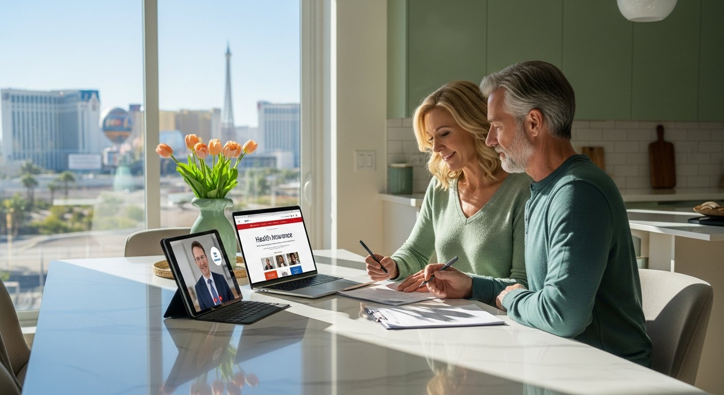 Middle-aged couple at a kitchen table in a Nevada home, looking at a laptop showing a health insurance comparison site,…