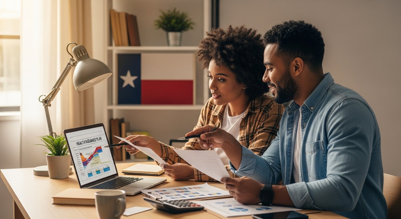 Couple in a sunlit Austin home office comparing health insurance plan charts on a laptop and papers, with a Texas flag on a…
