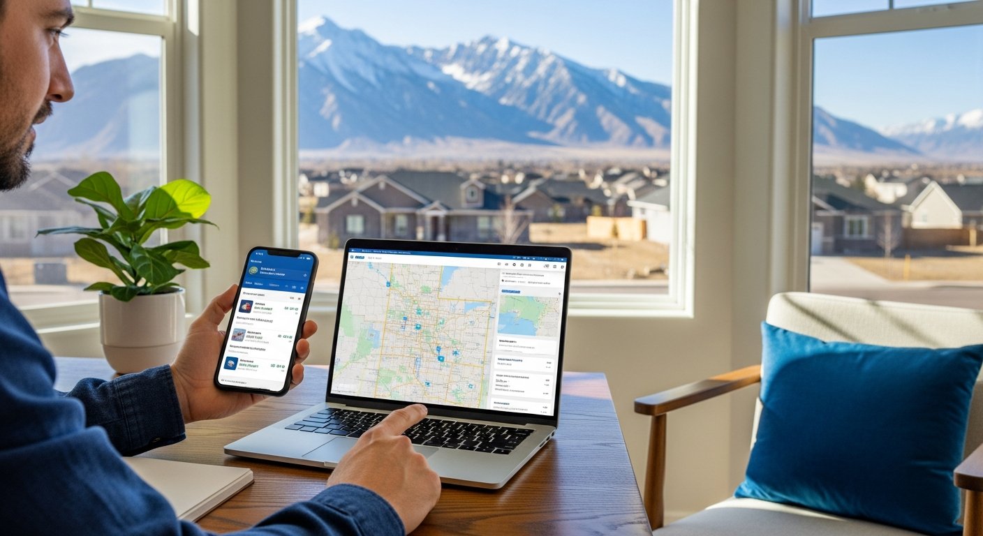 Adult at home desk in Utah, one hand holding smartphone showing insurance plan options, the other pointing at laptop screen…