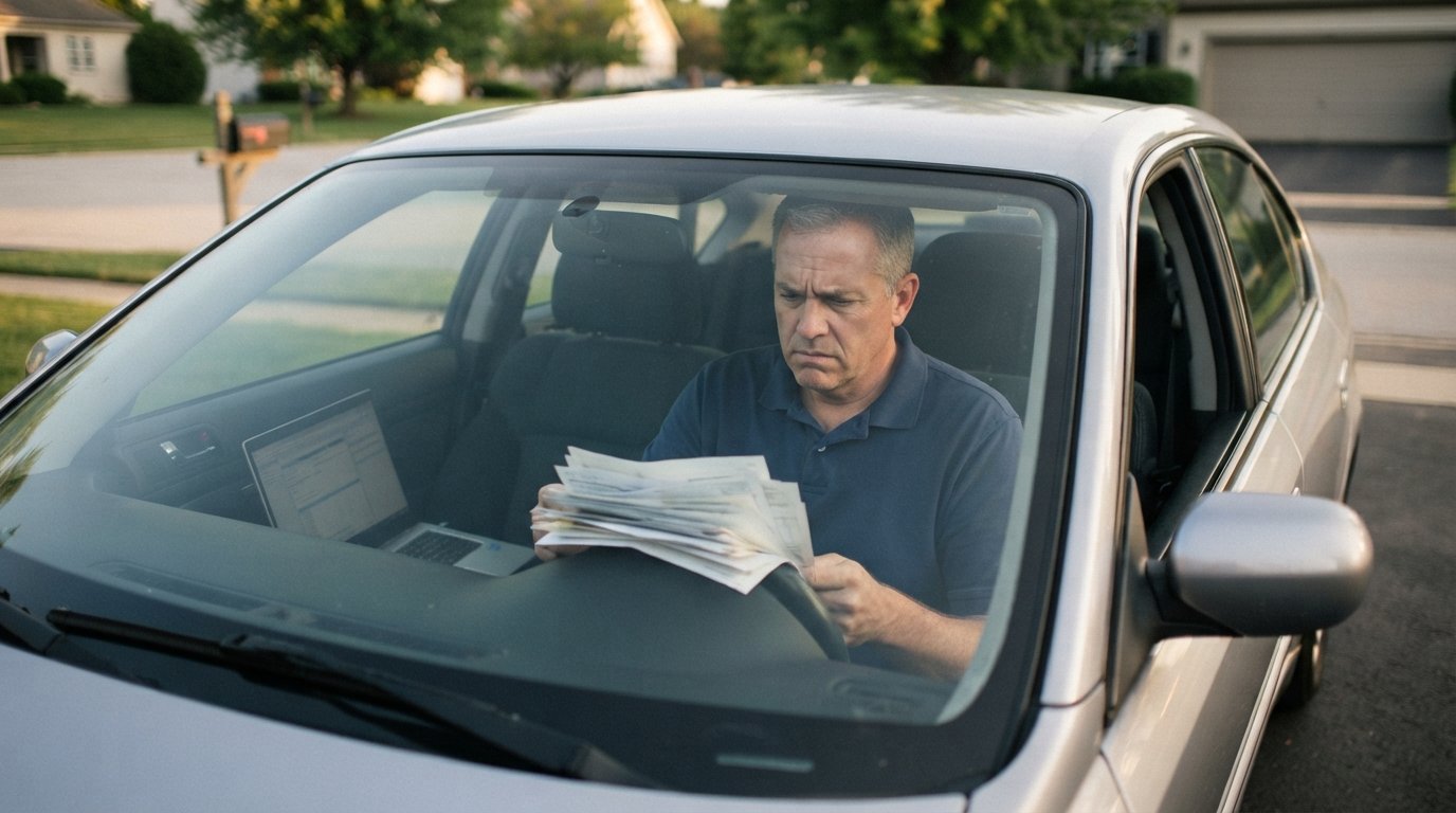 Concerned man in a navy polo reviewing paper documents in the driver's seat of a parked silver sedan, with an open laptop…