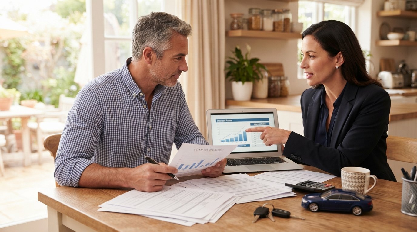 Man in a button-down shirt reviews auto loan paperwork at a kitchen table while a woman points at a laptop screen showing…