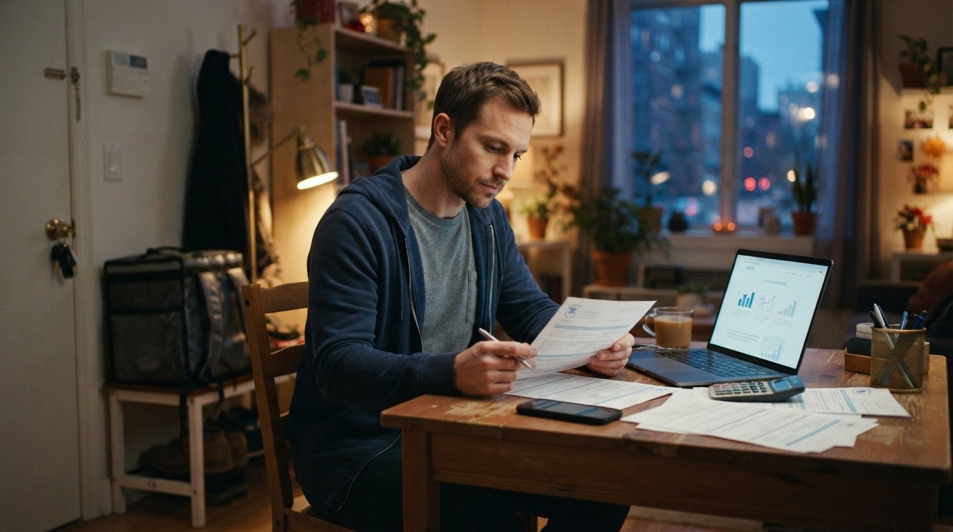 Rideshare driver in hoodie sits at kitchen table with calculator, insurance paperwork, and laptop, car keys and delivery…