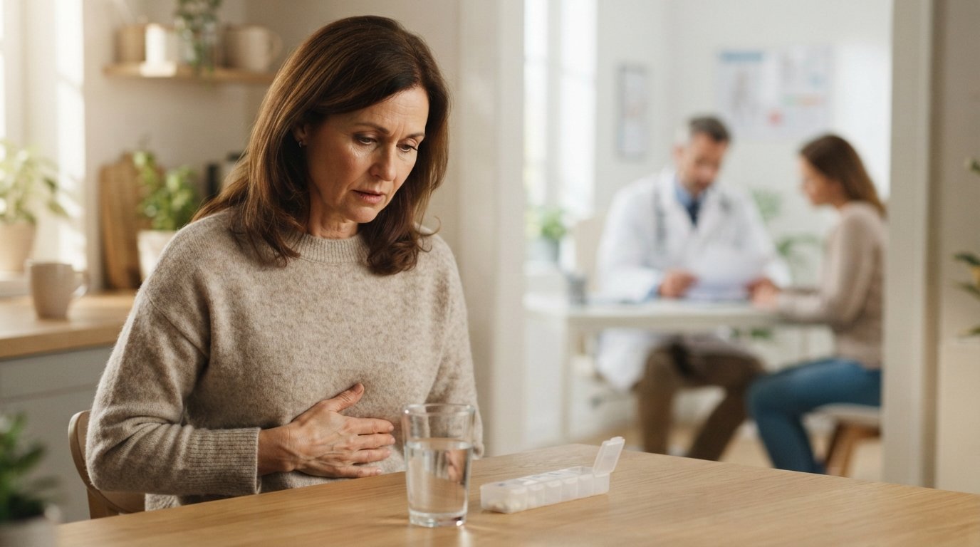 Worried middle-aged woman in a neutral sweater sits at a kitchen table, hand on her stomach, beside a water glass and pill…