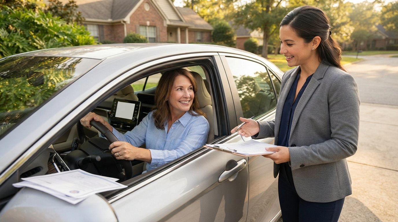 Smiling driver at the wheel of a sedan hands paperwork to an insurance agent beside the open window in a sunny driveway