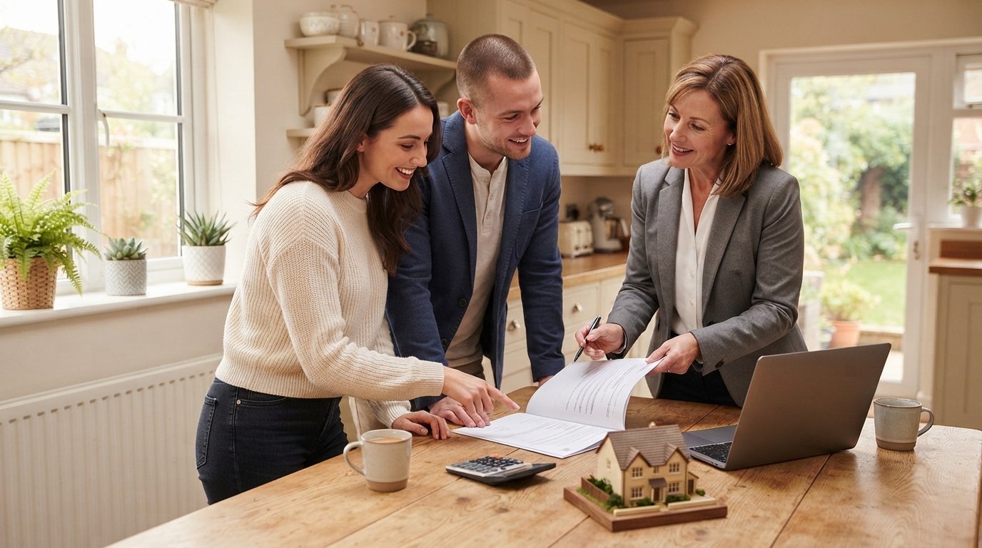 Young couple reviewing a mortgage document with a lender at a wooden kitchen table, with a laptop, calculator, coffee mugs,…