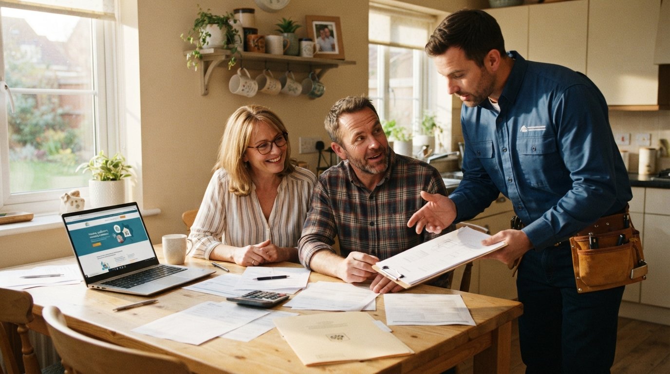 Couple at a kitchen table reviewing housing assistance paperwork with a contractor holding a roofing repair estimate