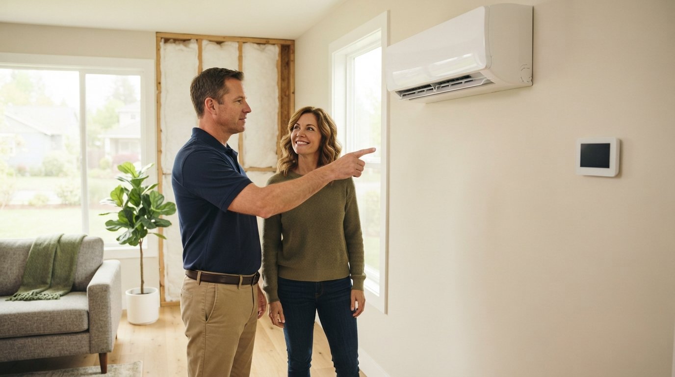 Contractor in navy polo and khakis points to a wall-mounted heat pump as a smiling homeowner watches in a bright living room