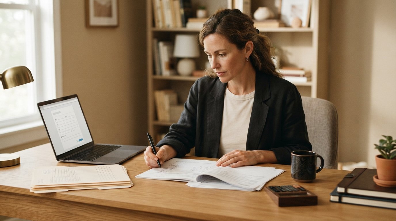 Adult woman in a blazer reviewing financial aid paperwork beside a laptop, calculator, and folders at a wooden desk in warm…