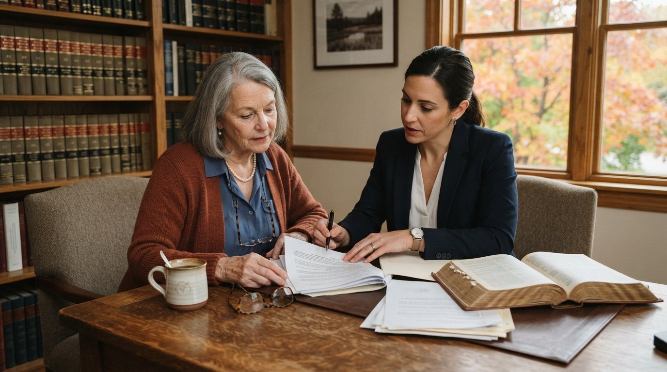 Older woman in a cardigan and an attorney in a blazer review documents at a wooden desk with an open law book, reading…