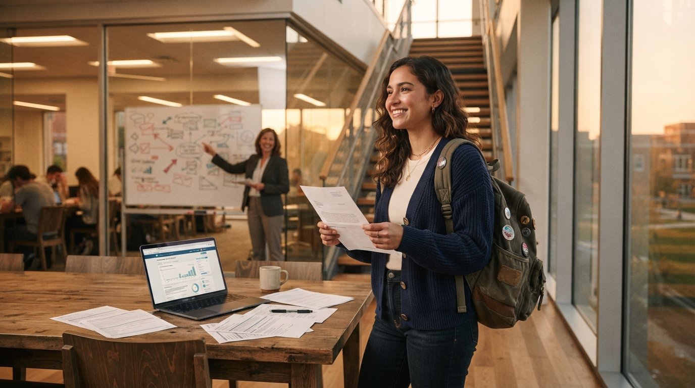 Smiling young woman in a university library holding a scholarship acceptance letter, with a laptop and financial aid papers…