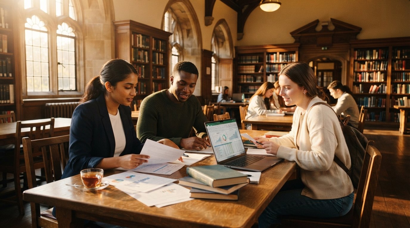 Students from diverse backgrounds review grant application papers and a laptop at a wooden table in a sunlit UK university…