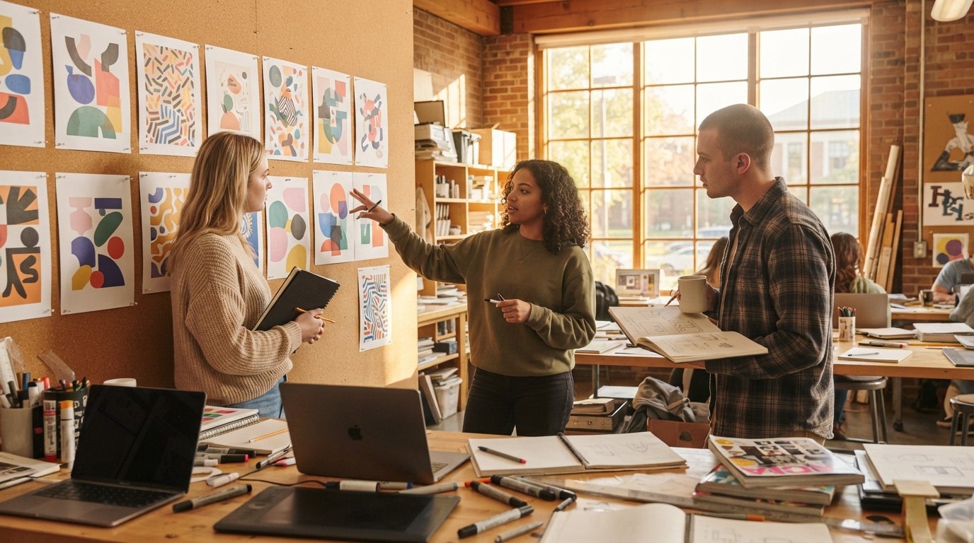 Three college students critique printed poster layouts pinned to a cork wall in a sunlit studio with laptops and sketchbooks