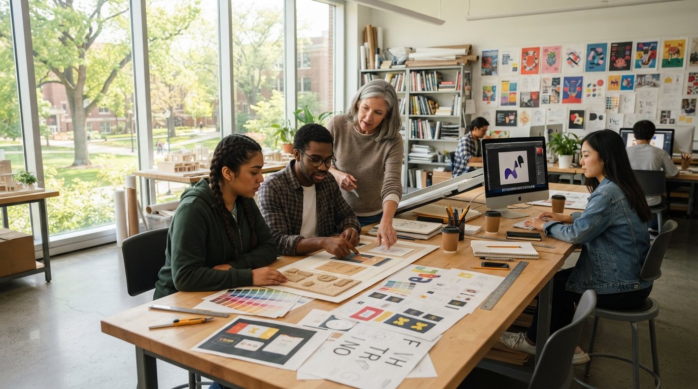 Three students arrange color swatches and printed mockups at drafting tables and iMacs while a professor reviews a layout…