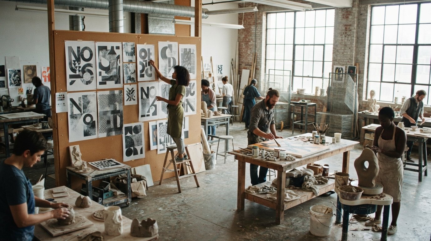 Graphic designer arranging large typographic posters on a studio wall while painters, sculptors, and ceramicists work at…