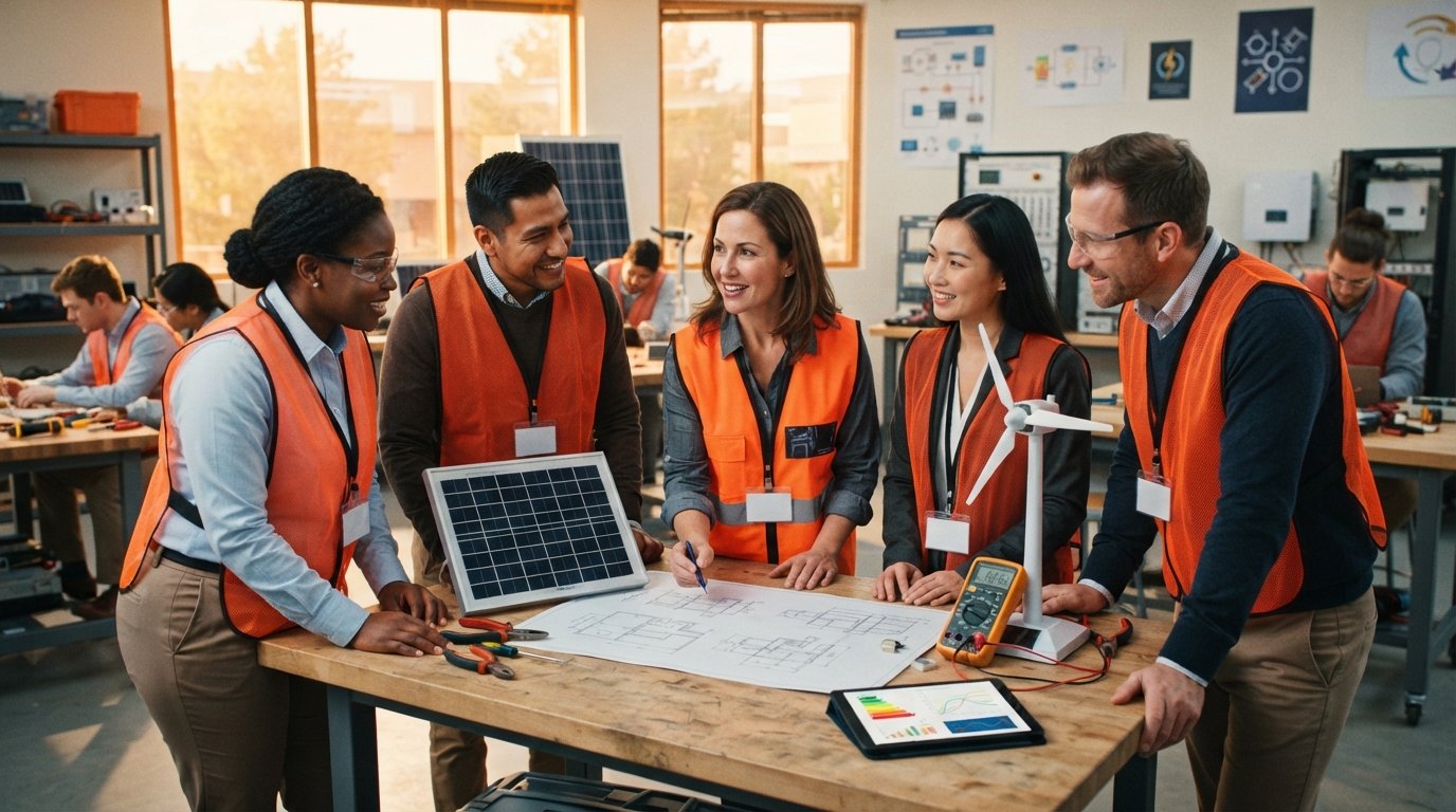 Adult students in business casual attire and safety vests examine a small solar panel and wind turbine model on a workbench…