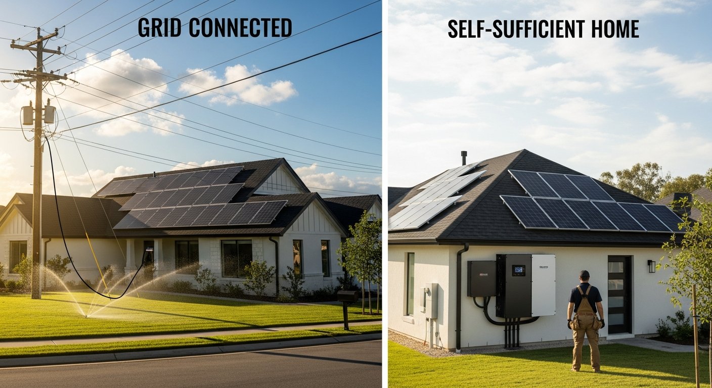 Left: solar home connected to utility pole. Right: solar home with battery unit, technician inspecting display.