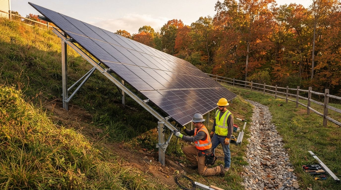 Rows of dark photovoltaic panels on galvanized steel racking posts set into a steep grassy hillside, with two workers in…