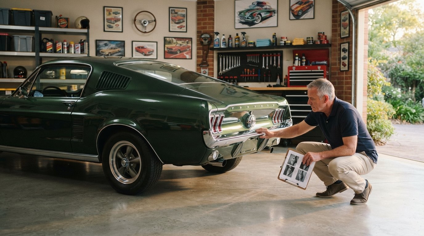 Man in navy polo inspecting chrome bumper of restored Highland Green 1967 Ford Mustang Fastback in a tidy garage