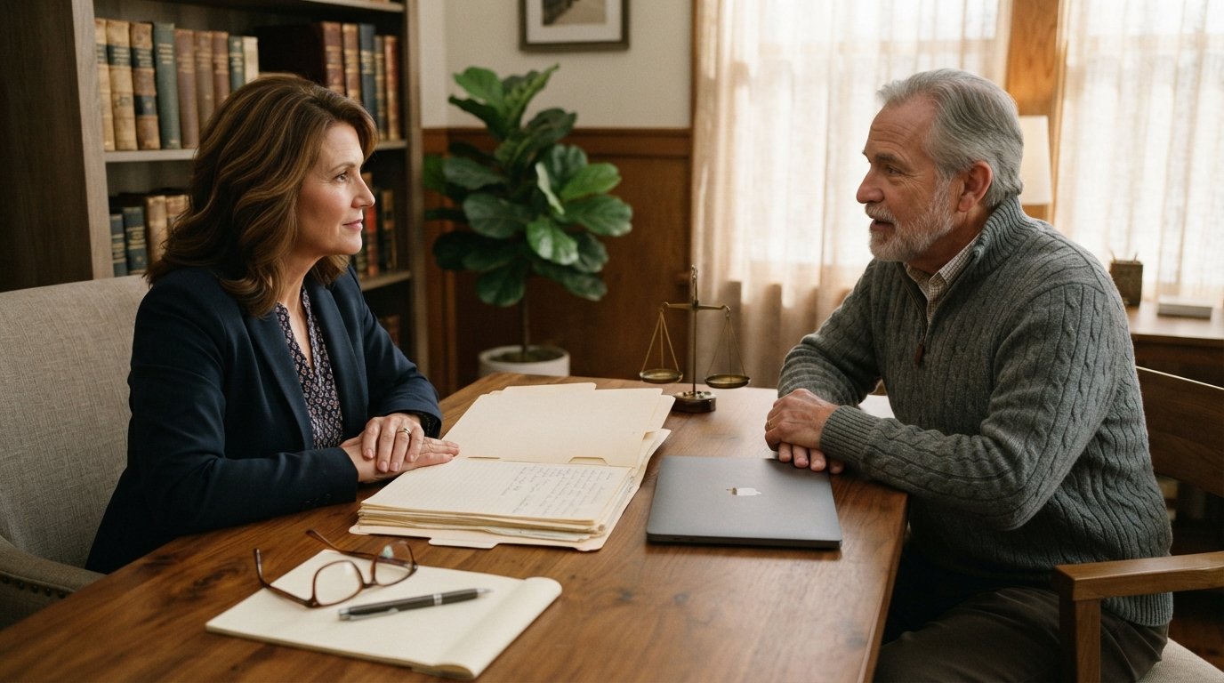 Woman in a navy blazer sits across a wooden desk from an older man in a gray sweater, with legal documents, a small brass…