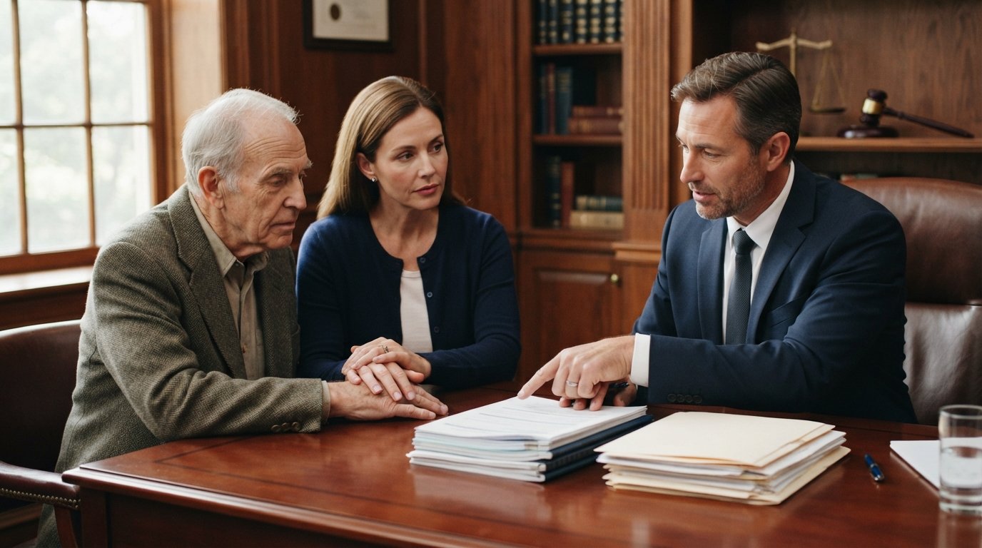 Adult daughter holds her elderly father's hand while a lawyer in a navy suit points to separate stacks of health care forms…