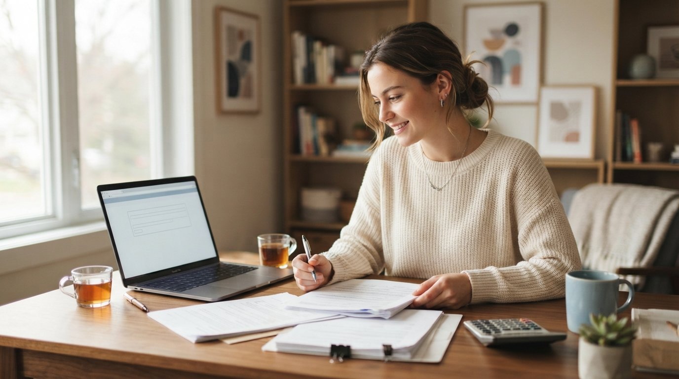 Young adult student at a wooden desk reviewing financial aid paperwork beside a laptop showing a blank form, with a…