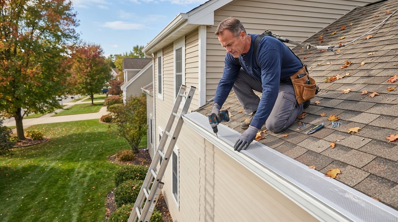 Contractor in navy shirt and gloves installing a silver aluminum micro-mesh gutter guard along the roofline of a two-story…
