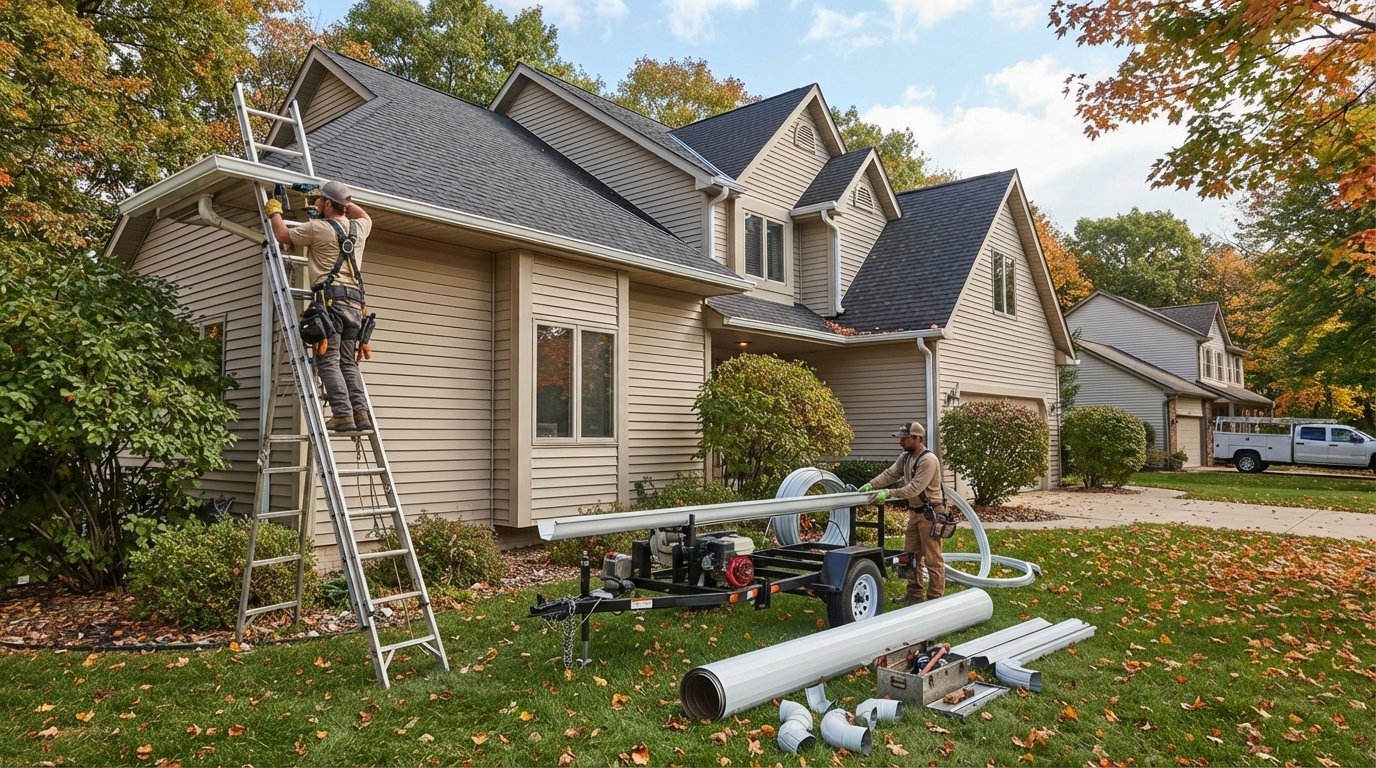 Contractor on extension ladder securing a seamless aluminum gutter on a two-story beige-sided home while another worker…