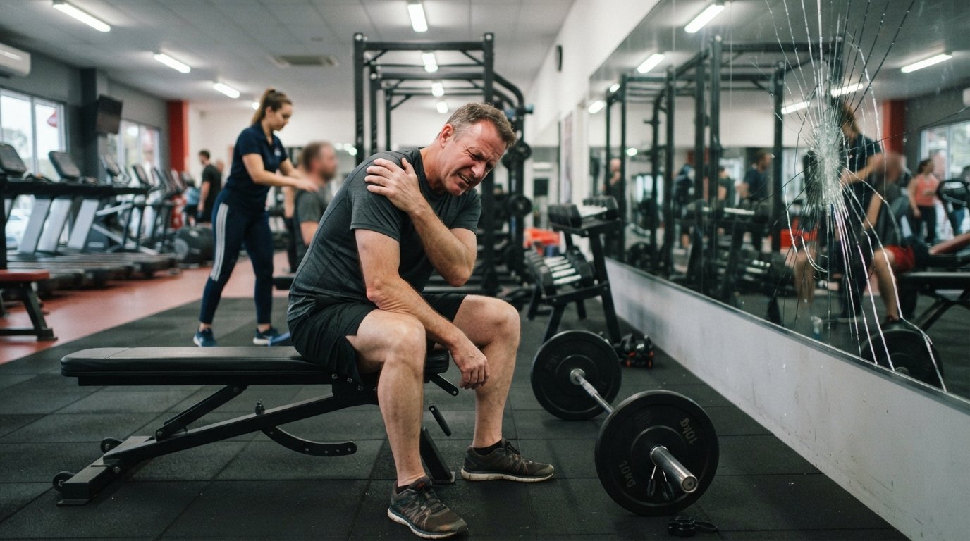 Middle-aged man in athletic wear sits on a weight bench gripping his shoulder, grimacing, with a barbell on the floor and a…