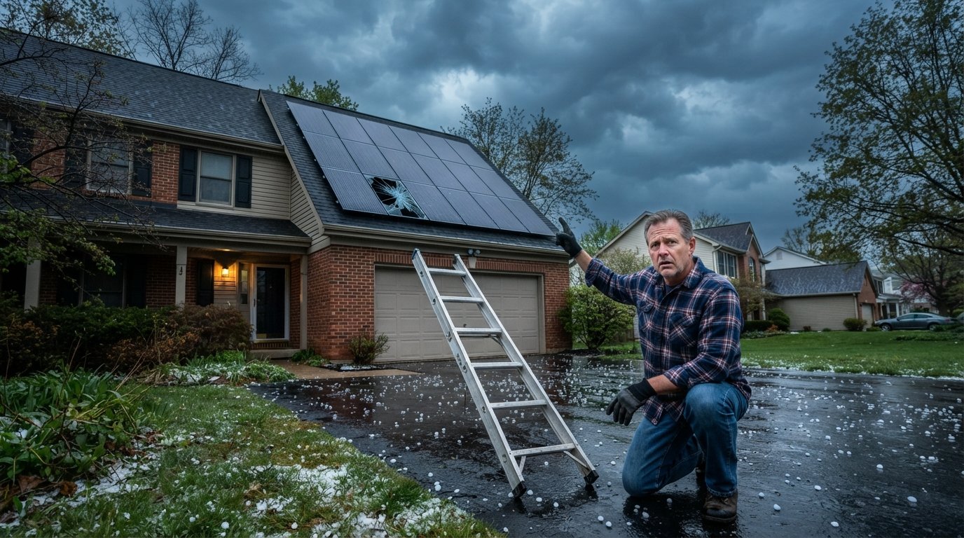 Solar panel with spiderweb fracture on roof of suburban home under storm clouds, hailstones on driveway