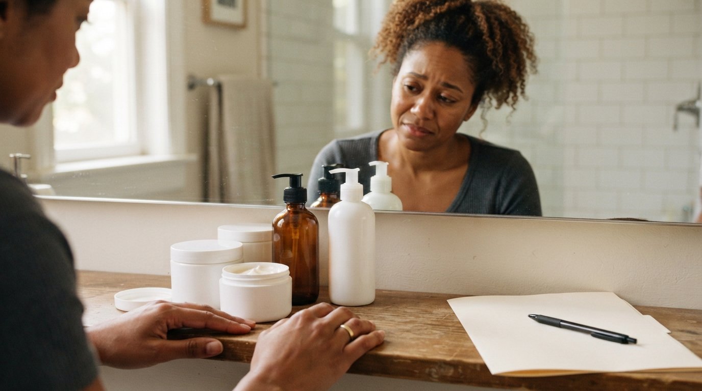 Woman's hands on a bathroom counter beside unlabeled white and amber pump bottles, with her textured hair and concerned…