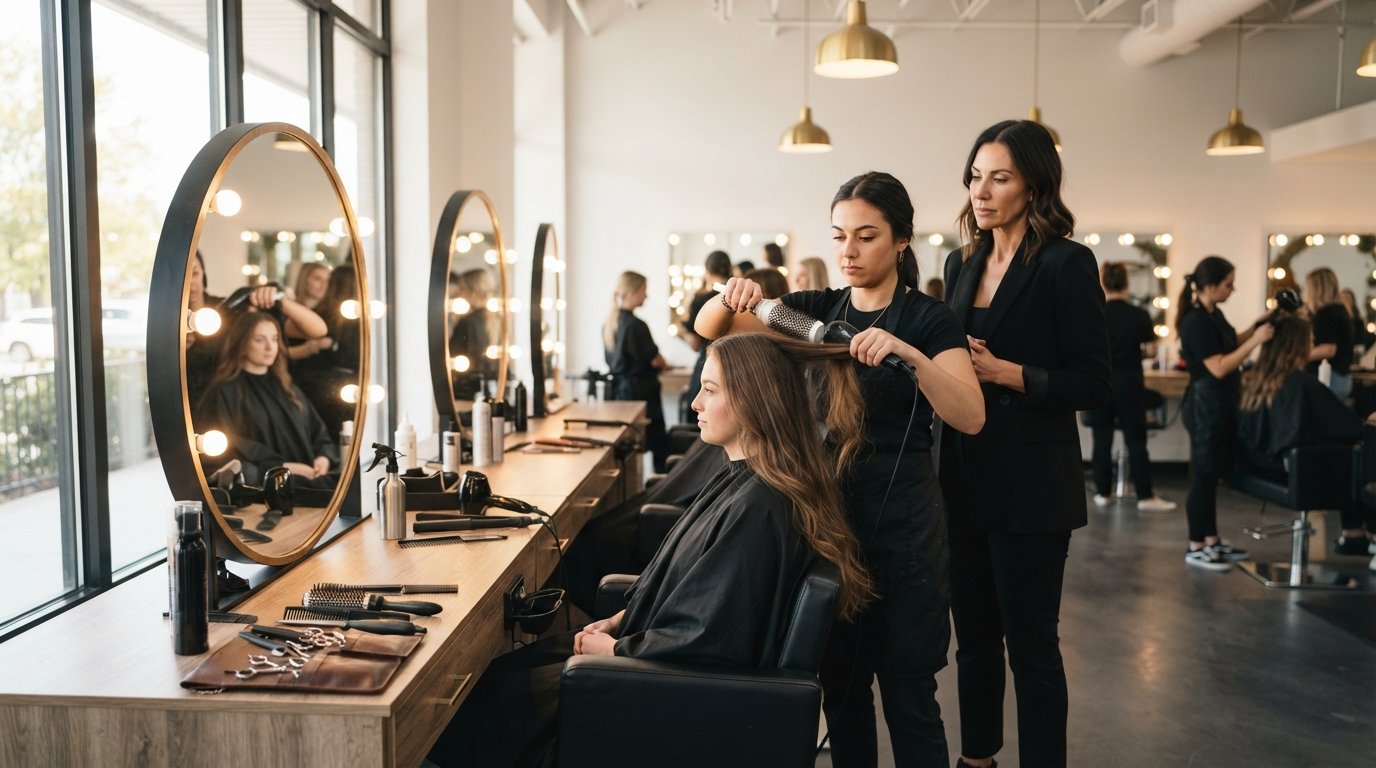 Instructor in black attire observes a student styling a female client's long hair in a bright salon classroom with mirrors…