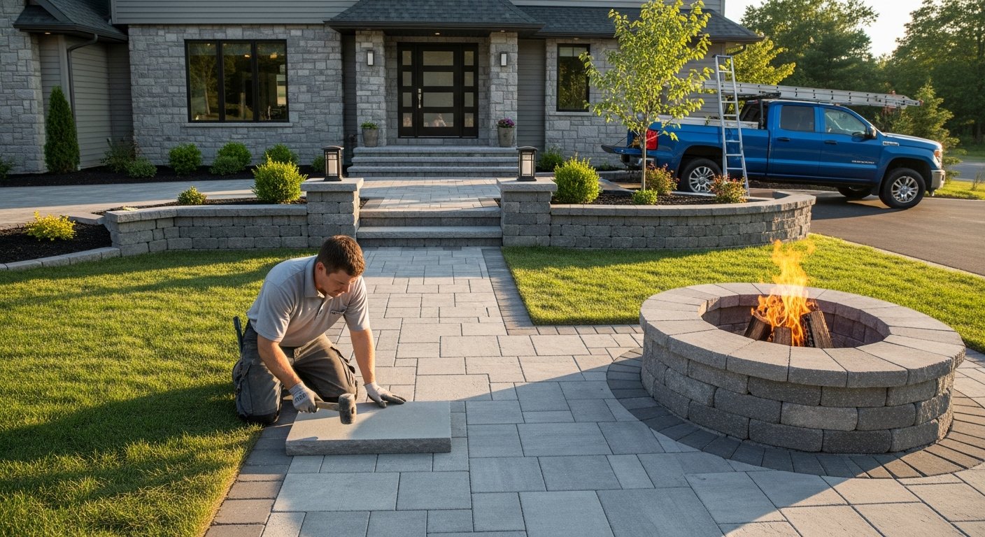 Contractor levels a large flagstone on a new natural stone walkway leading to a modern front door, with a low stacked stone…