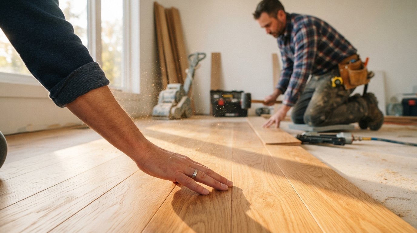 Hand gliding over honey-toned oak planks while a contractor installs the next board with a nailer in the background