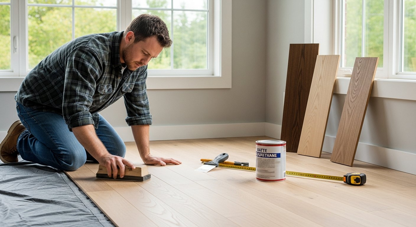 Craftsman sanding wide-plank honey oak hardwood flooring in a bright living room, with wood sample planks and tools nearby