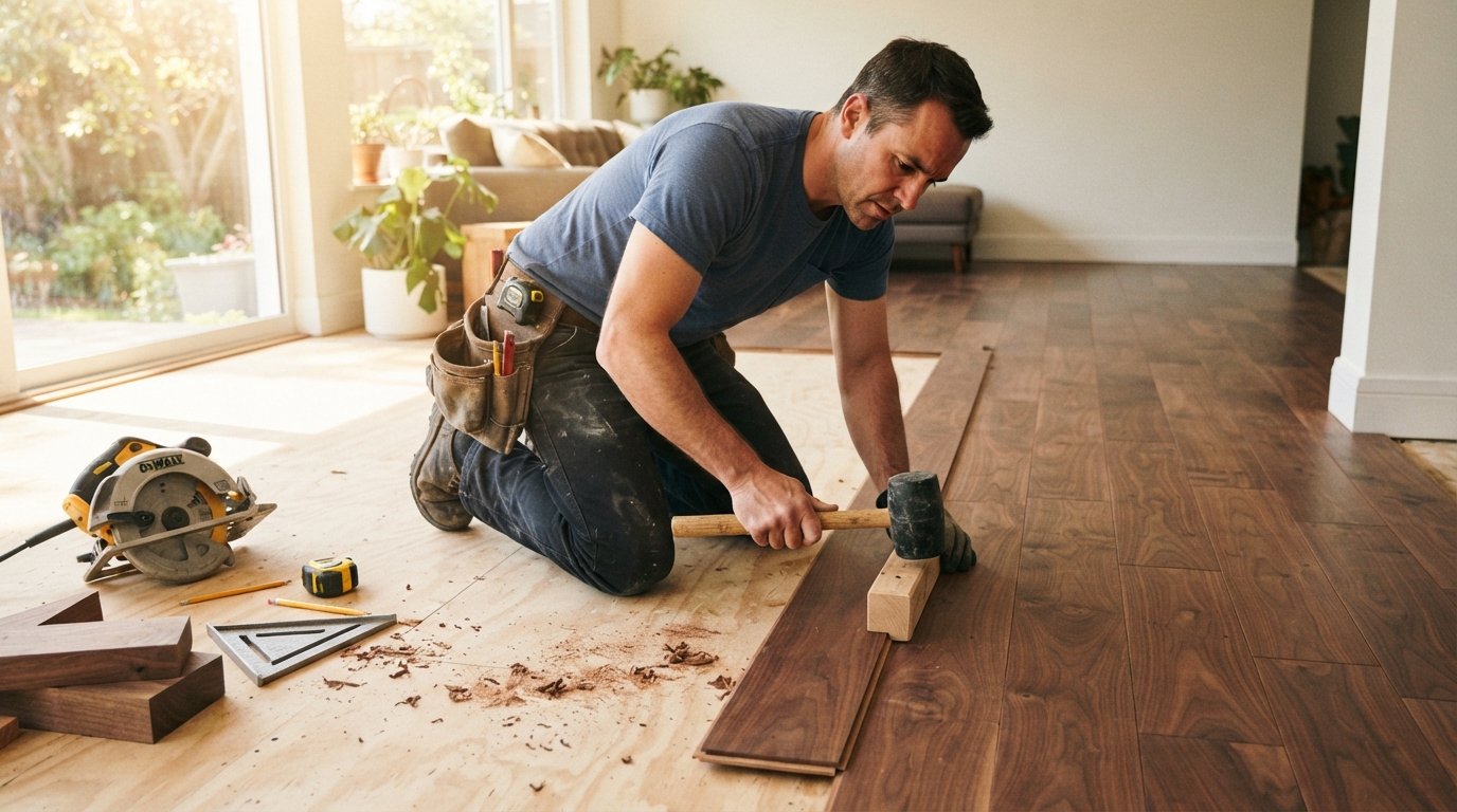 Professional installer kneeling and fitting a walnut hardwood plank with a mallet and tapping block in a sunlit modern…