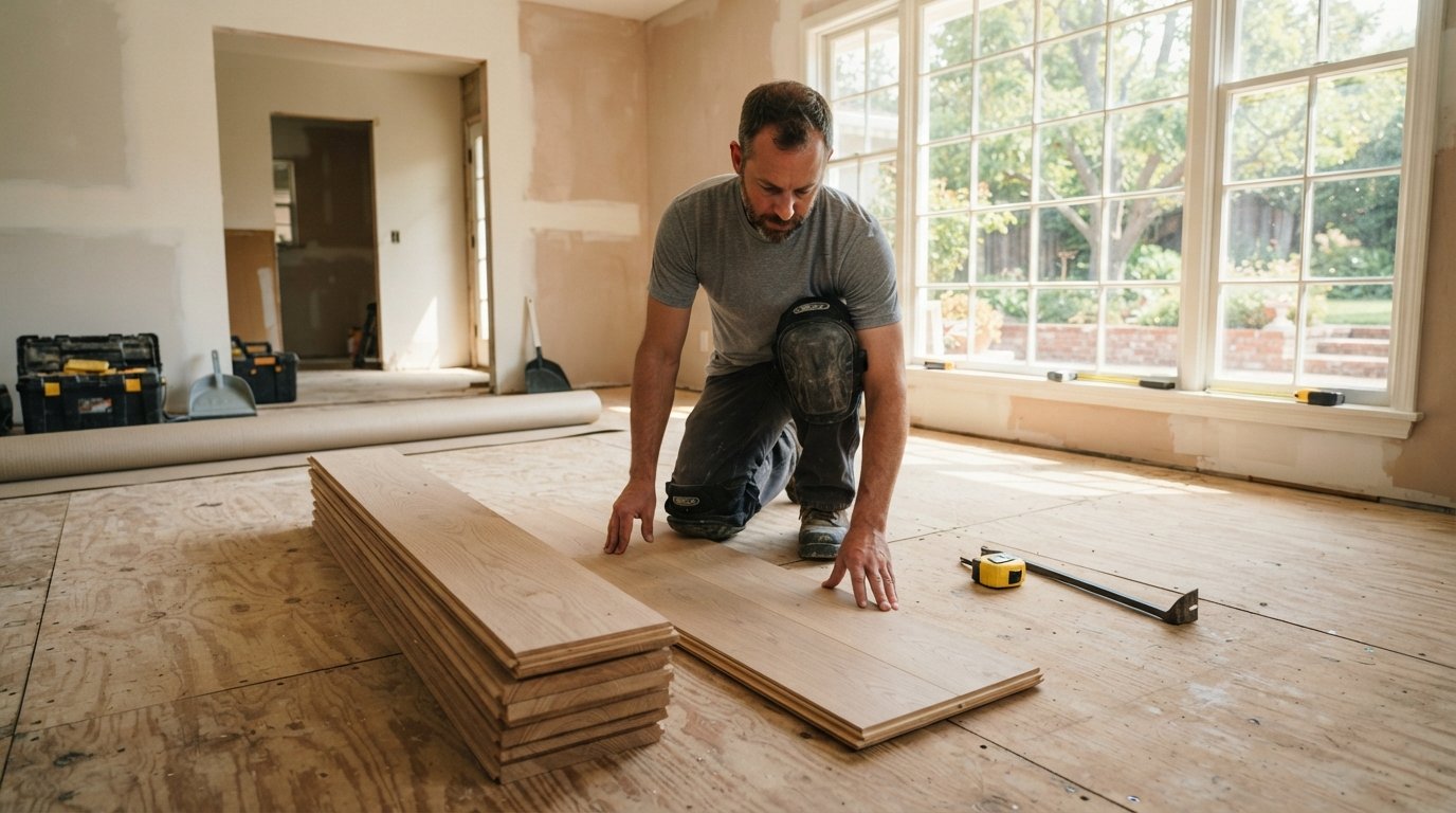 Installer comparing solid oak planks and a pre-finished engineered wood plank on a subfloor in a sunlit living room