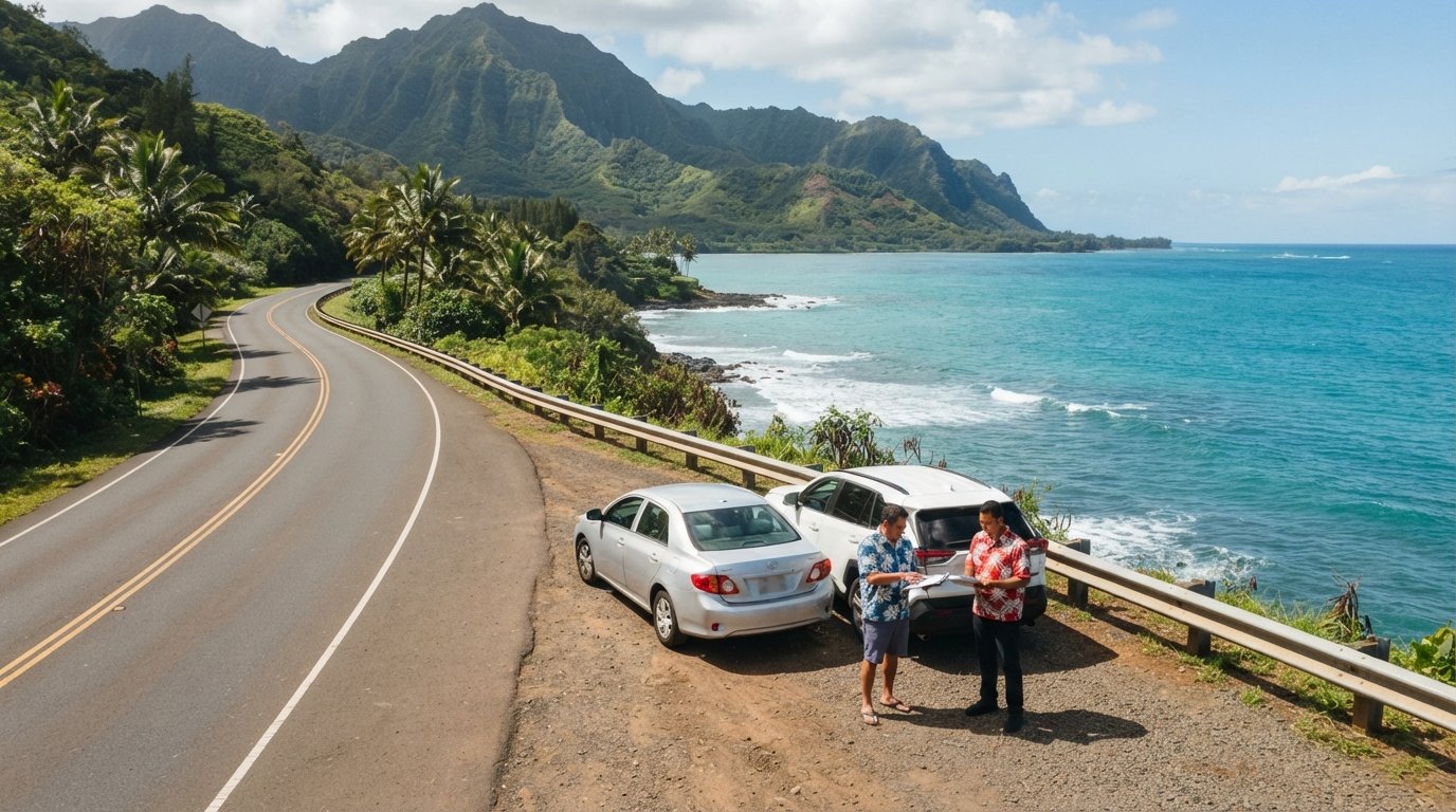 Aerial view of a coastal Hawaiian highway where a silver sedan and white SUV are stopped on the shoulder after a minor…