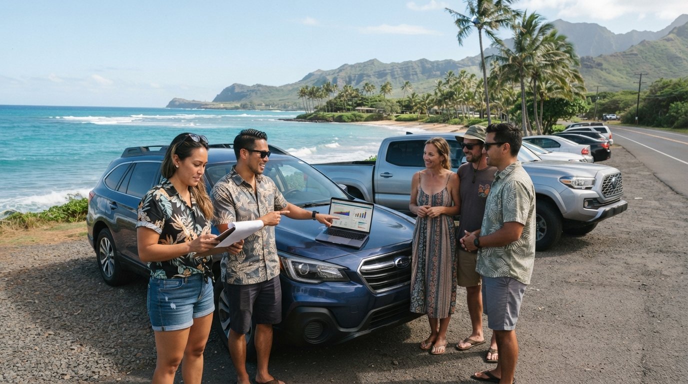 Drivers in aloha shirts review insurance paperwork and a laptop with comparison charts beside parked cars near a turquoise…