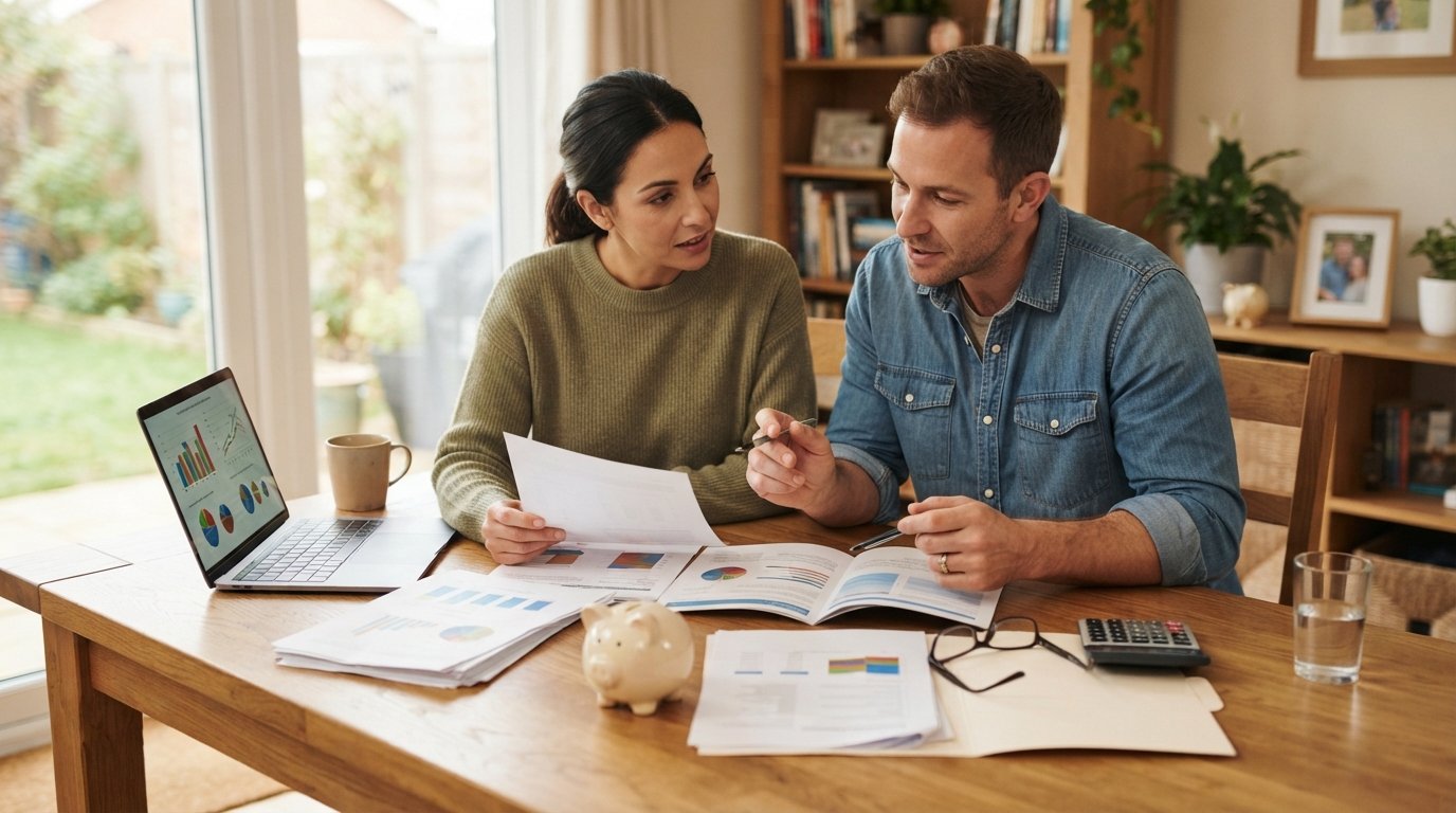 Two parents at a table reviewing health insurance paperwork, with a calculator, laptop charts, and a piggy bank