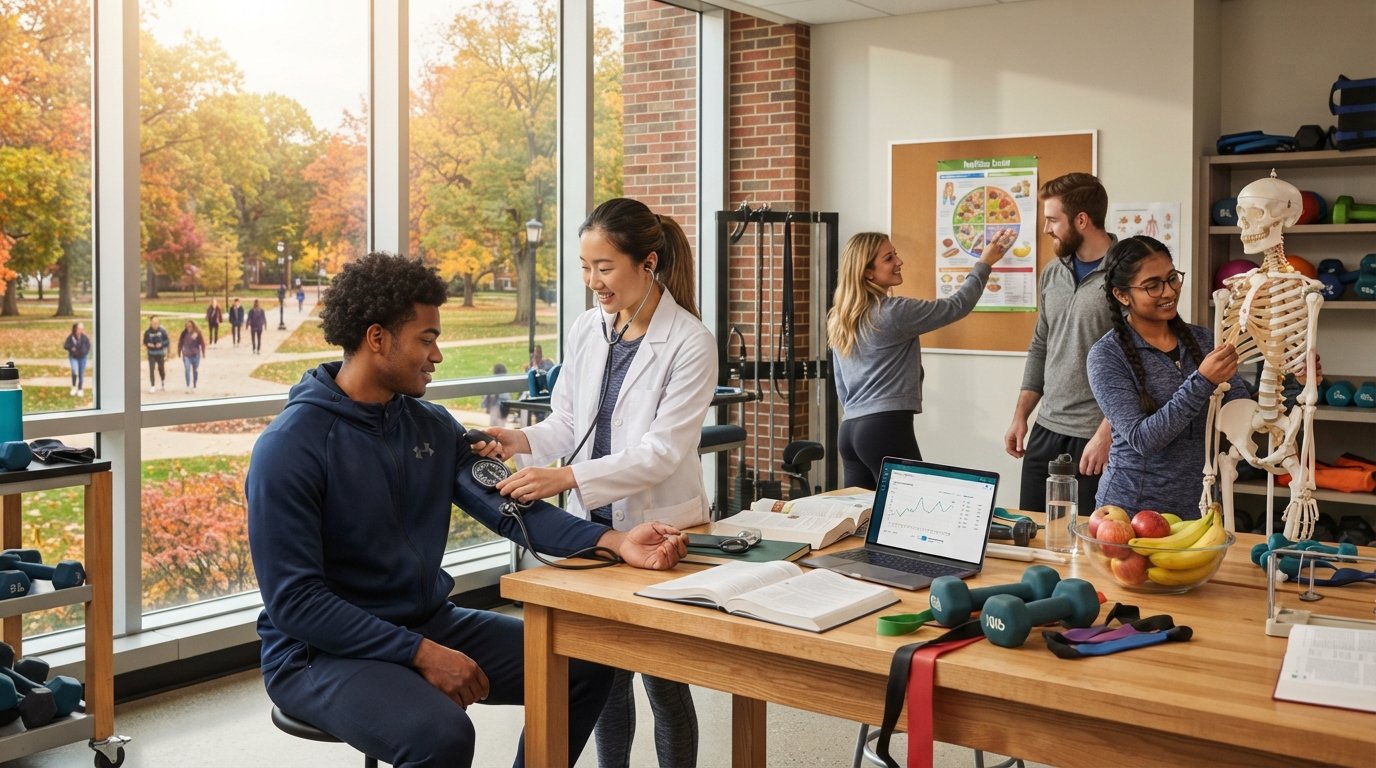 Students in athletic wear practice blood pressure measurement while others review nutrition charts near a skeleton model in…