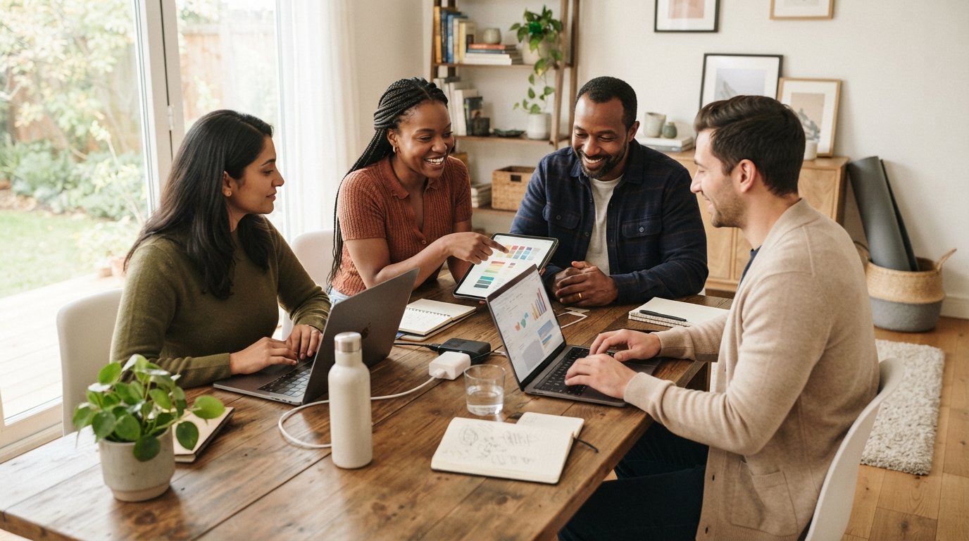 Adult learners in a bright home office review a health chart on a tablet with laptops and wellness items nearby