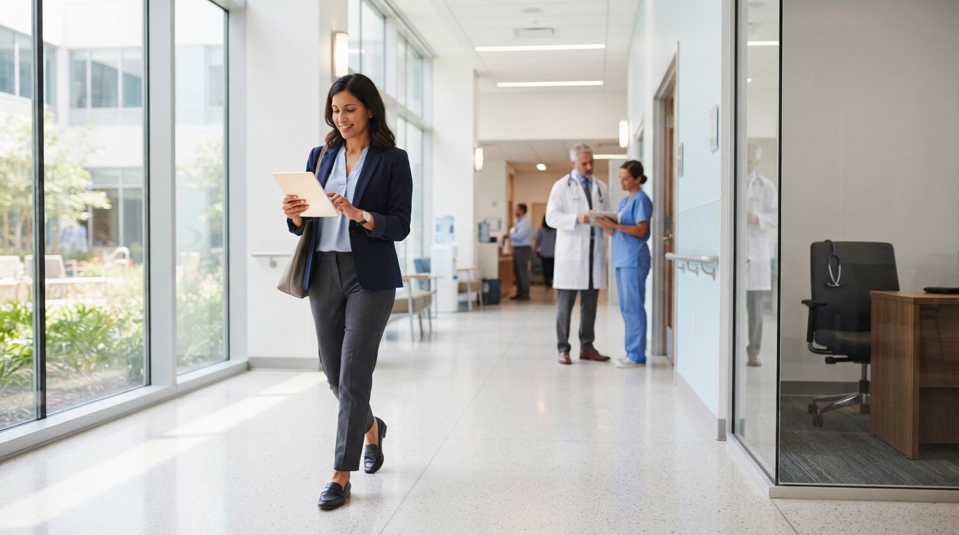 Professional woman in business attire reviews a tablet while walking through a bright hospital corridor with clinicians in…