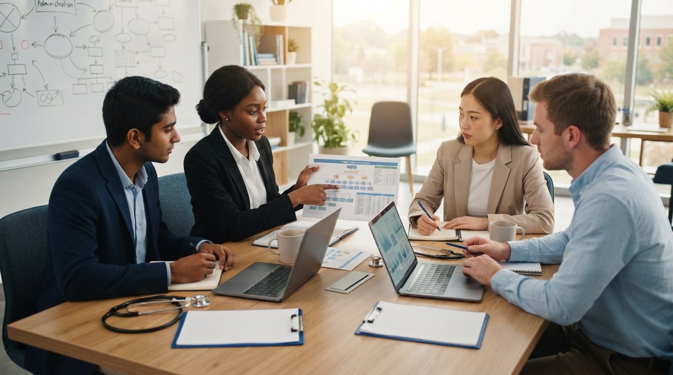 Four college students in business-casual attire collaborate around a table with laptops, notes, and printed hospital charts…